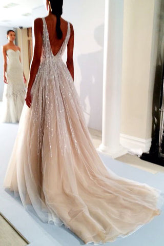 Gorgeous Ball Gown V-neck Open Back Beaded Long Wedding Dresses