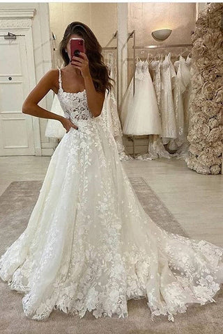 Gorgeous Ball Gown Scoop Neck Open Back Lace Wedding Dresses,Luxurious Wedding Gowns