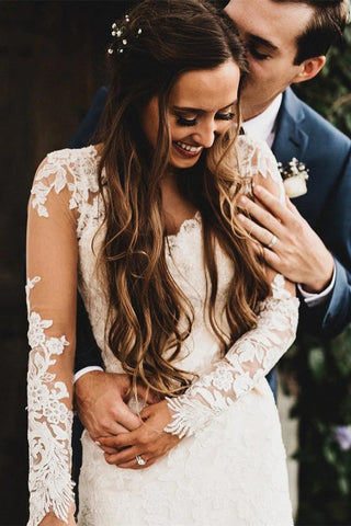 Elegant Mermaid Wedding Dresses Long Sleeves V-neck Lace Bridal Gowns