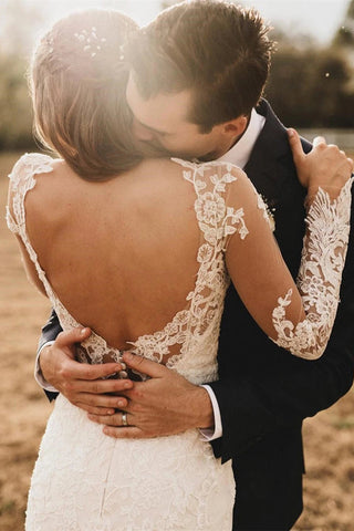 Elegant Mermaid Wedding Dresses Long Sleeves V-neck Lace Bridal Gowns