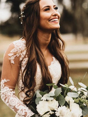 Elegant Mermaid Wedding Dresses Long Sleeves V-neck Lace Bridal Gowns
