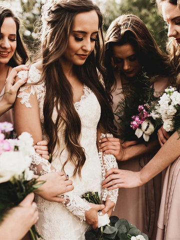 Elegant Mermaid Wedding Dresses Long Sleeves V-neck Lace Bridal Gowns