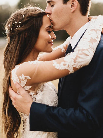 Elegant Mermaid Wedding Dresses Long Sleeves V-neck Lace Bridal Gowns