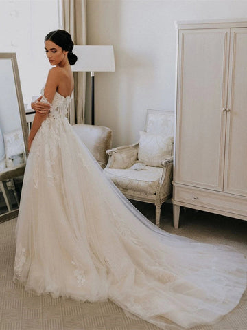 Tulle Off the shoulder A-line Sweep Train Wedding Dresses With Appliques