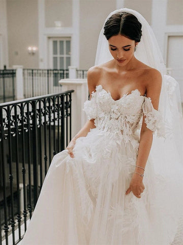 Tulle Off the shoulder A-line Sweep Train Wedding Dresses With Appliques