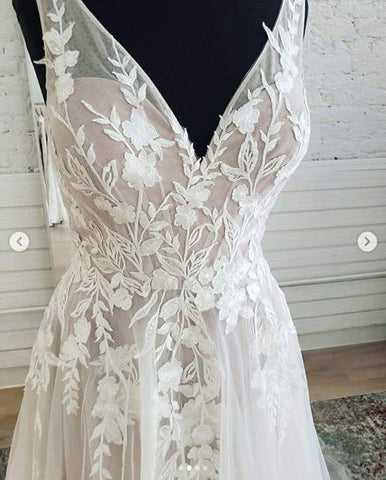Fairy Tulle A-line V-neck Open Back Lace Sleeveless Long Wedding Dresses