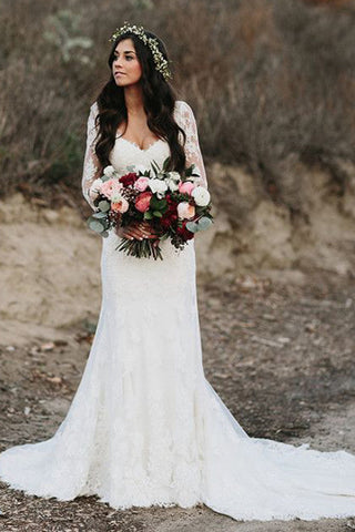 Gorgeous Mermaid V-neck Open Back Lace Long Sleeves Wedding Dresses with Train