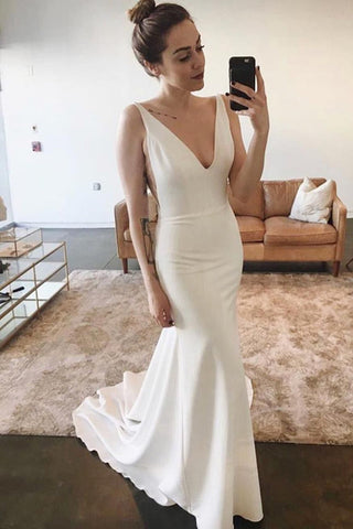 Elegant Mermaid V-neck Open Back Sleeveless Soft Satin Long Wedding Dresses