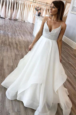 Ball Gown V-neck Spaghetti Straps Ivory Wedding Dresses,Lace Wedding Dresses