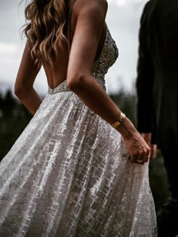 Sparkly Ball Gown V-neck Spaghetti Straps Open Back Sequins Long Wedding Dresses with Train