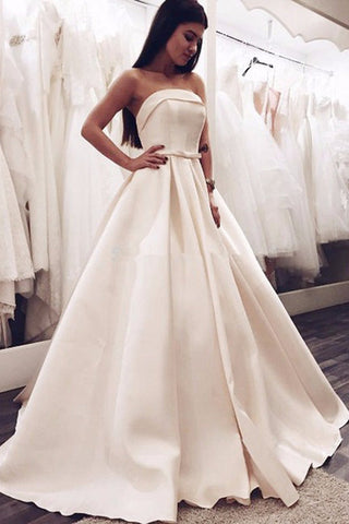 Elegant Ball Gown Strapless Satin Long Wedding Dresses with Bow,Cute Wedding Dresses