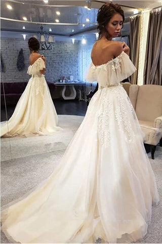 Elegant A-line Off the Shoulder Lace Wedding Dresses,Ruffled Sleeves Wedding Dresses