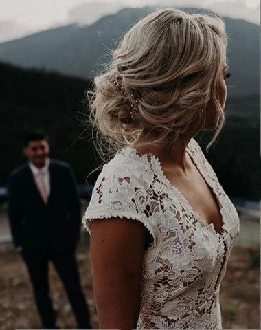 Charming Mermaid Lace Ivory Cap Sleeves Wedding Dresses, Bridal Dresses,