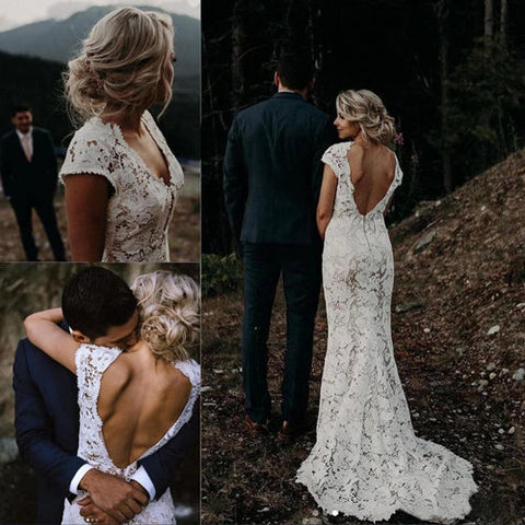 Charming Mermaid Lace Ivory Cap Sleeves Wedding Dresses, Bridal Dresses,