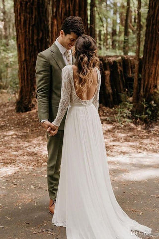 Elegant Scoop Long Sleeve Chiffon Wedding Dresses with Lace Backless Ivory Bridal Dresses