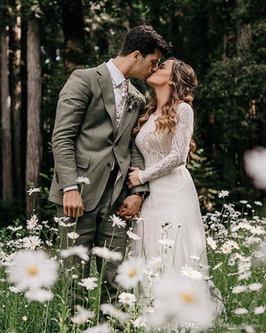 Elegant Scoop Long Sleeve Chiffon Wedding Dresses with Lace Backless Ivory Bridal Dresses