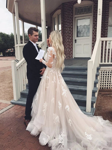 Tulle A-line V-neck Long Sleeve Lace Wedding Dresses with Train Prom Dress