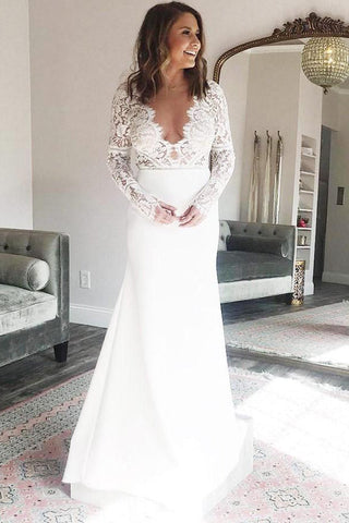 Satin Sheath V-neck Long Sleeves Mermaid Wedding Dress with Lace