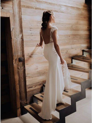 Sheath Bateau Cap Sleeves Sweep Train Lace Wedding Dress with Split