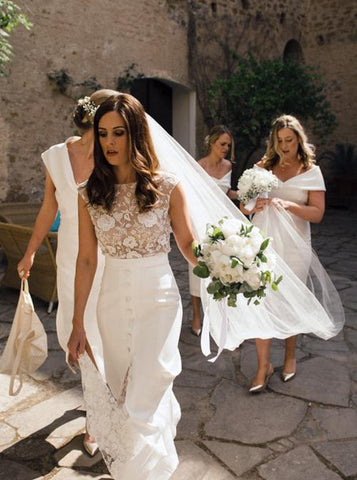 Sheath Bateau Cap Sleeves Sweep Train Lace Wedding Dress with Split