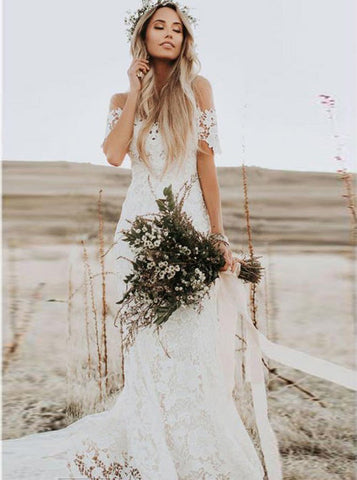 Rustikales Meerjungfrau-Spitzen-Hochzeitskleid in Elfenbein mit Illusionsausschnitt und Strandhochzeitskleid