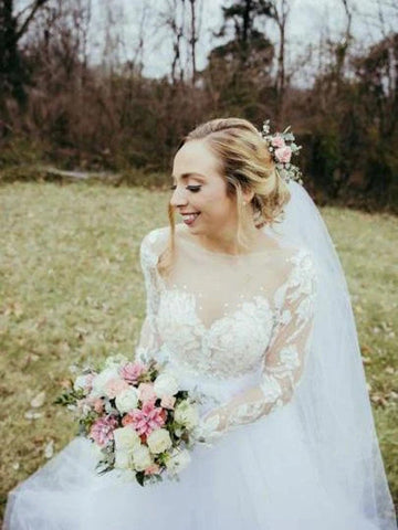 Tulle Long Sleeve Beaded Floral Lace See Through Boho Wedding Dresses