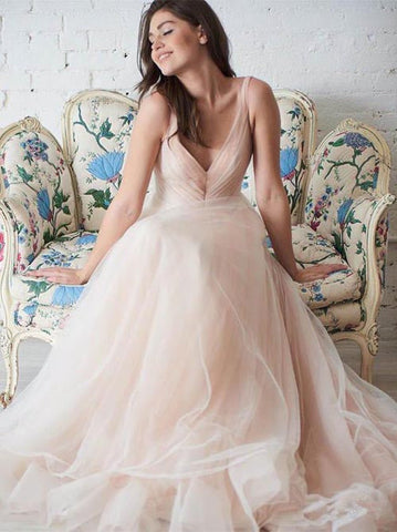 Einfaches Tüll-Ballkleid A-Linie Brautkleider V-Ausschnitt Brautkleid