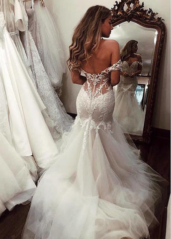 Cheap Off the Shoulder Mermaid Wedding Dresses Vintage Lace Bridal Gown