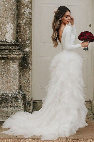 Simple Long Sleeve Ivory White Wedding Dresses with Ruffle Skirt