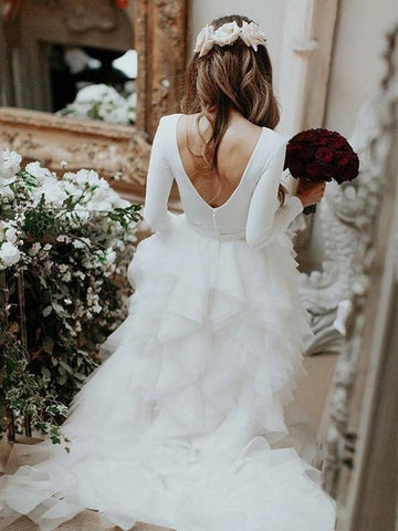 Simple Long Sleeve Ivory White Wedding Dresses with Ruffle Skirt