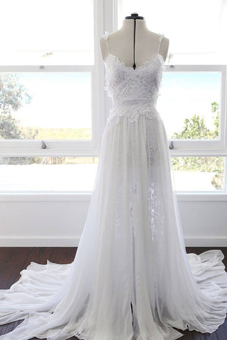 Weißer Chiffon Spaghettiträger Strand Brautkleider mit Spitze Herzausschnitt