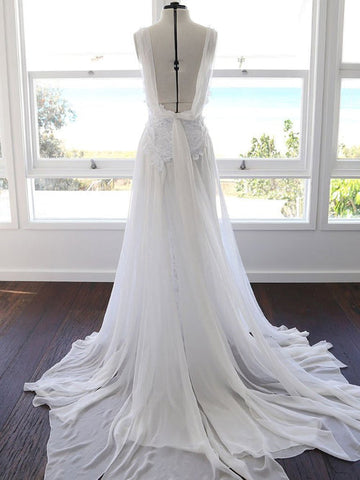 Weißer Chiffon Spaghettiträger Strand Brautkleider mit Spitze Herzausschnitt