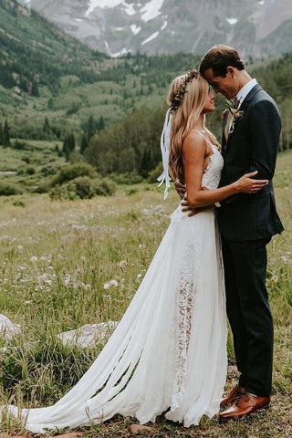 Weißer Chiffon Spaghettiträger Strand Brautkleider mit Spitze Herzausschnitt