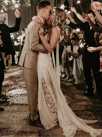 Weißer Chiffon Spaghettiträger Strand Brautkleider mit Spitze Herzausschnitt