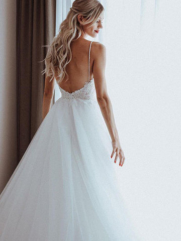 Unique A-line Tulle Spaghetti Straps Backless Wedding Dresses Online