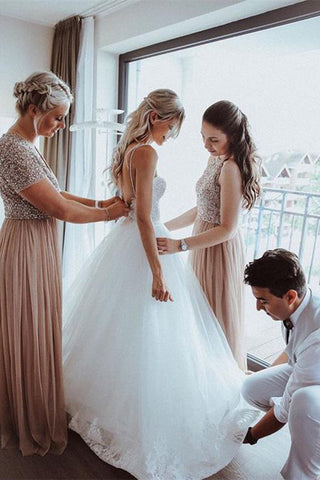 Unique A-line Tulle Spaghetti Straps Backless Wedding Dresses Online