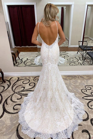 Spaghetti Straps Trumpet/Mermaid Lace Bridal Gonws Backless Wedding Dress