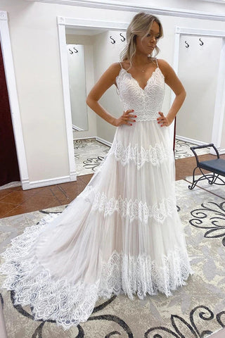 Cheap A-line Spaghetti Straps Lace Bridal Gonws Rustic Wedding Dress1
