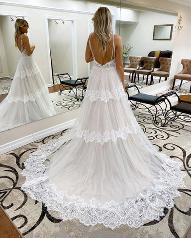 Cheap A-line Spaghetti Straps Lace Bridal Gonws Rustic Wedding Dress1