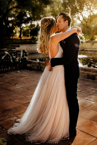 Tulle Open Back Spaghetti Straps Wedding Dresses Romantic Bridal Dresses