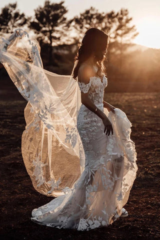 Amazing Mermaid Off the shoulder Tull Applique Rustic Wedding Dress