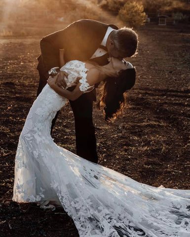 Amazing Mermaid Off the shoulder Tull Applique Rustic Wedding Dress