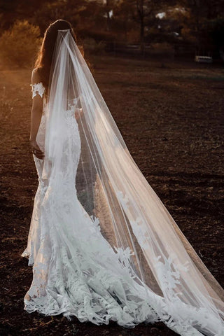 Amazing Mermaid Off the shoulder Tull Applique Rustic Wedding Dress