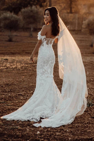 Amazing Mermaid Off the shoulder Tull Applique Rustic Wedding Dress
