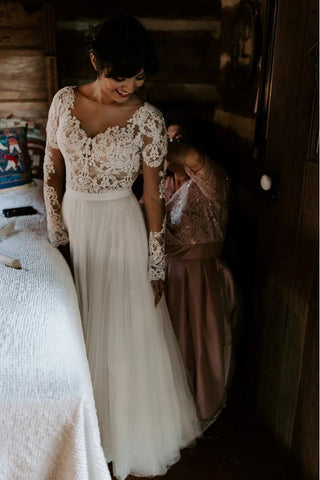 Cheap A-line Bateau Long Sleeve Rustic Lace Wedding Dresses