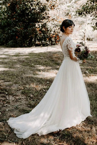 Cheap A-line Bateau Long Sleeve Rustic Lace Wedding Dresses