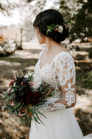 Cheap A-line Bateau Long Sleeve Rustic Lace Wedding Dresses