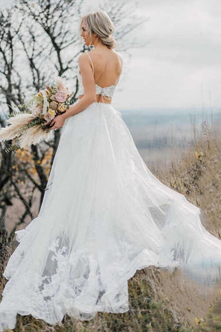 Crop Top Lace Two Piece Boho Spaghetti Straps Wedding Dresses