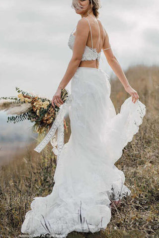 Crop Top Lace Two Piece Boho Spaghetti Straps Wedding Dresses
