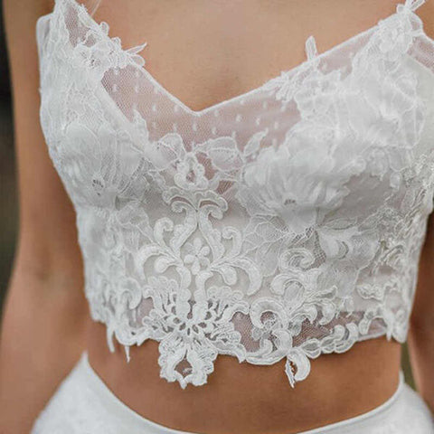 Crop Top Lace Two Piece Boho Spaghetti Straps Wedding Dresses